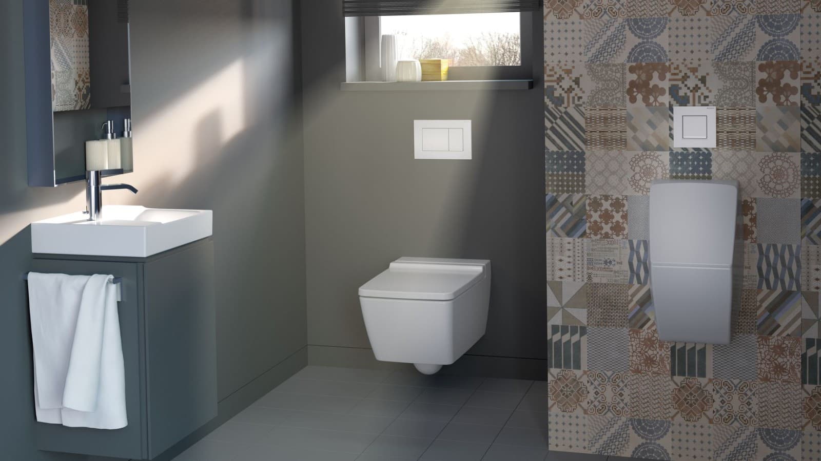 Private bath with toilet, urinal, and Geberit Sigma30 flush plates Private bath with toilet, urinal, and Geberit Sigma30 flush plates