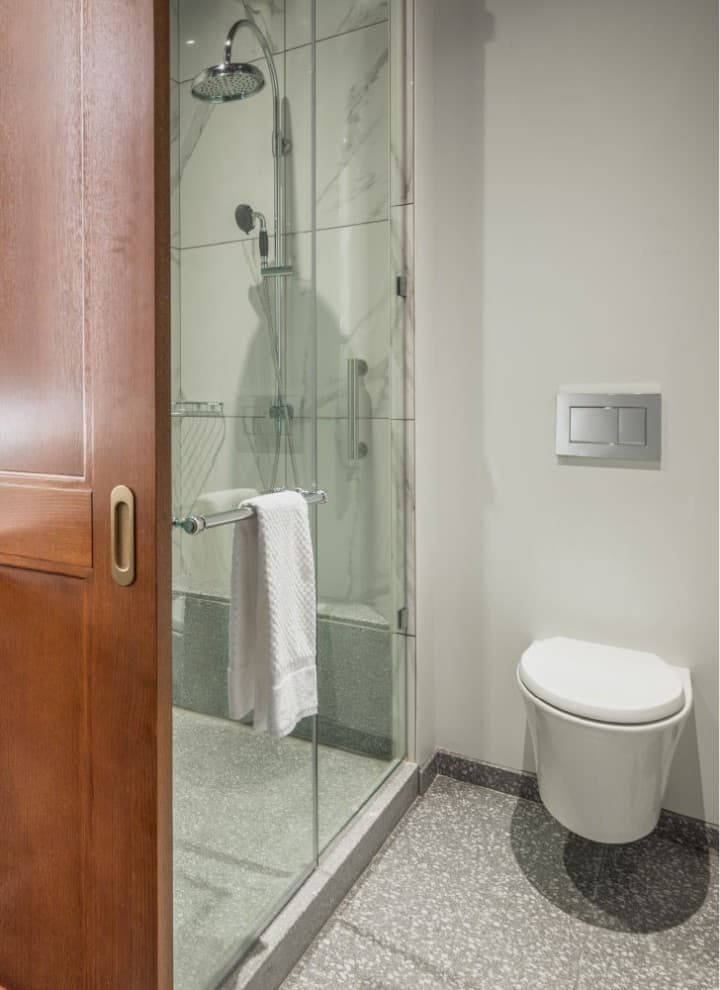 Bathroom with Geberit in-wall system and Sigma30 flush plate, Hotel Canopy, Chicago, Illinois Bathroom with Geberit in-wall system and Sigma30 flush plate, Hotel Canopy, Chicago, Illinois