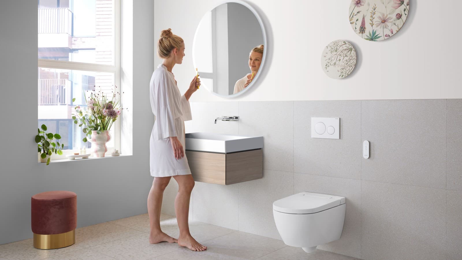 Bathroom in trendy Peach Fuzz with a shower toilet Bathroom in trendy Peach Fuzz with a shower toilet