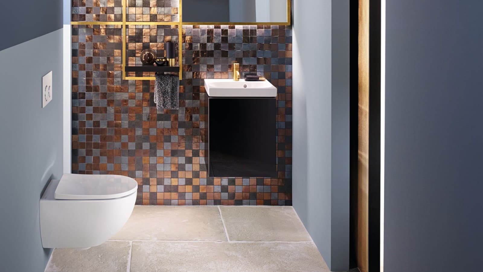 Modern bathroom in a tight space with wall-hung toilet and washbasin Modern bathroom in a tight space with wall-hung toilet and washbasin