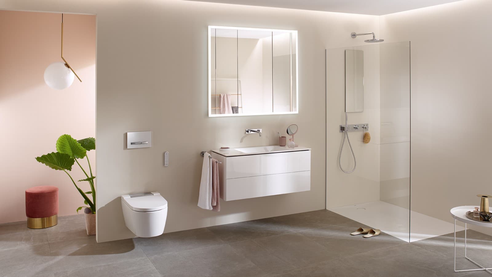 Bathroom with wall-hung toilet and Geberit in-wall system Bathroom with wall-hung toilet and Geberit in-wall system